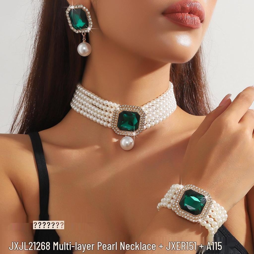 European Luxury Multi-Layer Faux Pearl & Crystal Jewelry Set – Necklace, Earrings, Bracelet - Colorful, Fashionable, and Exquisite Accessories
