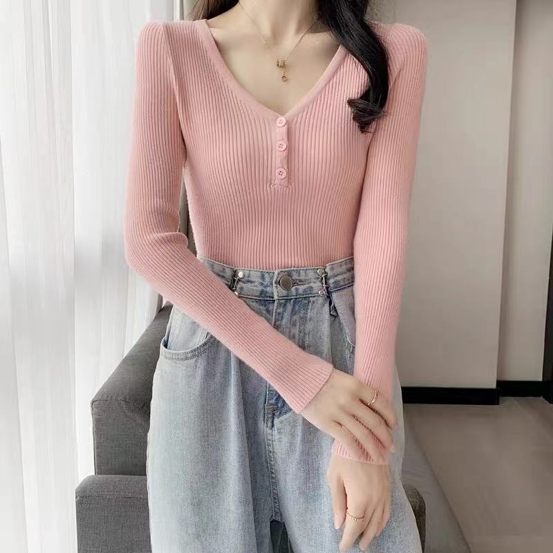 Autumn Winter V-neck Top Slim Fit Short Solid Color Inner Long Sleeve Base Knit Sweater Women's