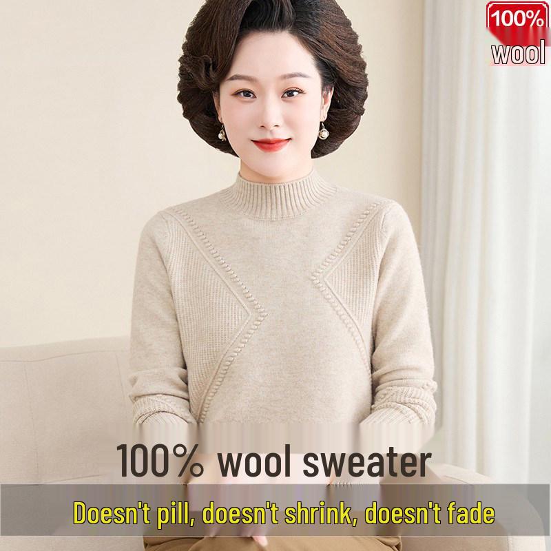 Luomeng 100% Pure Wool Thick Half-Collar Knit Sweater for Middle-Aged & Elderly Women