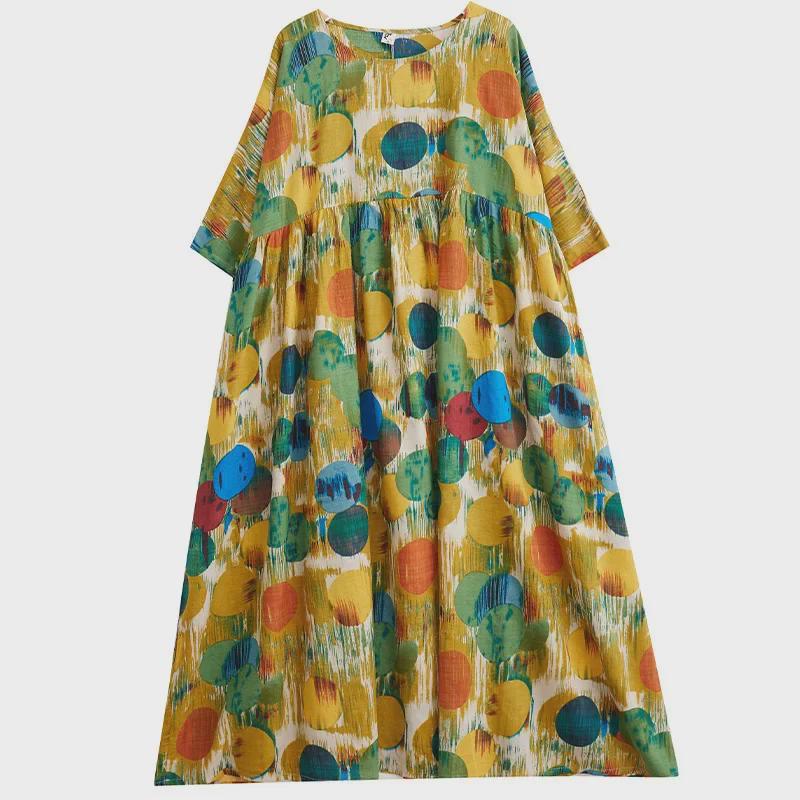 Boho dlhá sukňa letné šaty: Plus Size, Okrúhly výstrih, Krátky rukáv, pre ženy stredného a staršieho veku.