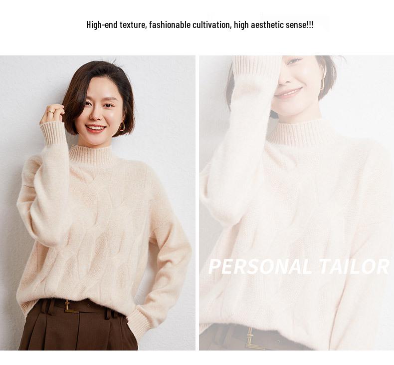Women's Chunky Cable Knit Cashmere Sweater - Solid Color, Half-High Neck, Thickened Pullover for Autumn and Winter
