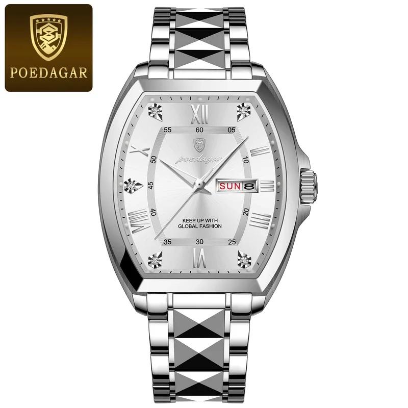 POEDAGAR Stainless Steel Watch Men Luxury Brand Business Luminous Waterproof Male Clock Tonneau Case Calendar Men Quartz Wristwatches