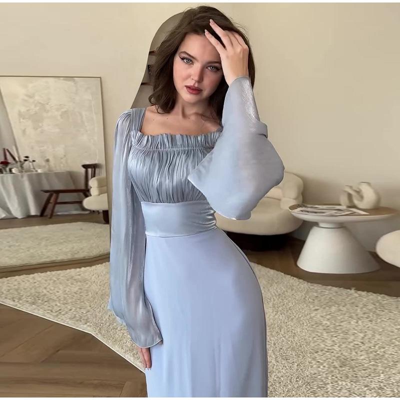 

Женская юбка макси из плиссированного шелка с квадратным вырезом и плиссированной отделкой края, платье с темпераментной талией, длинными рукавами, весенне-летнее женское платье M синий