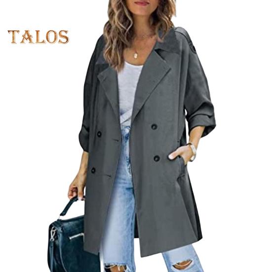Fall Spring Women Windbreaker Turn-down Collar Notch Collar Double-breasted Loose Overcoat Mid Length Solid Color OL Commuting Coat Hiking Coat