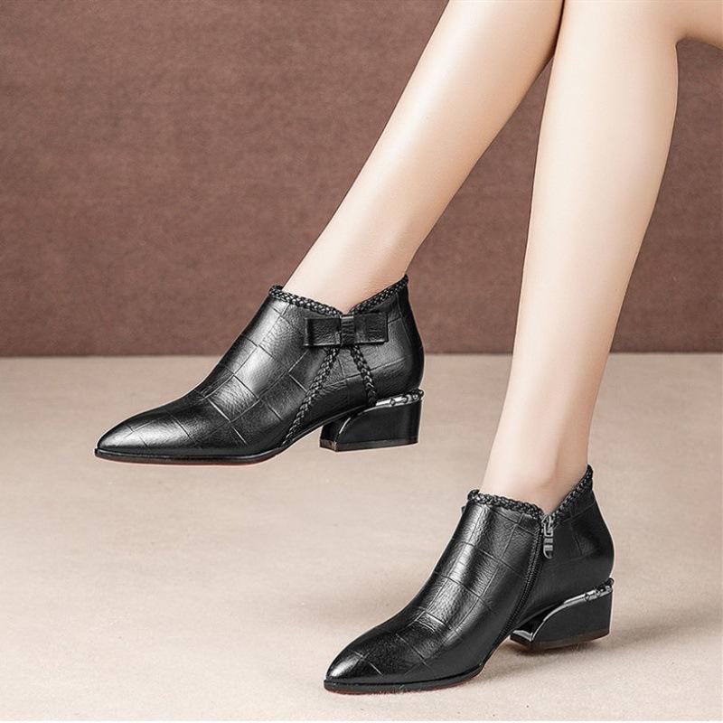 New Women's Boots Chelsea Boots Bow Side Zipper Square Heel Middle Heel Short Shoes