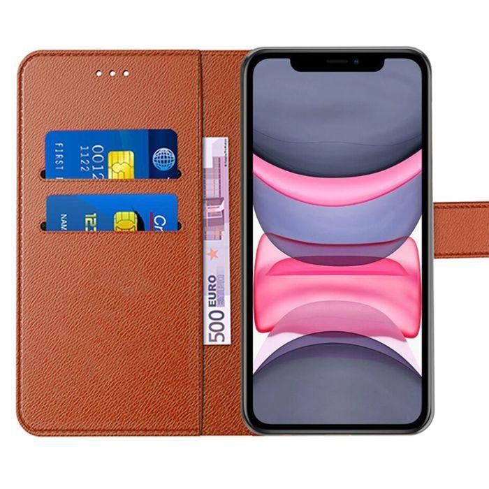 Coque + 2 Verres Trempés pour iPhone 11, Antichoc Cuir Synthétique Protection 360° - Marron