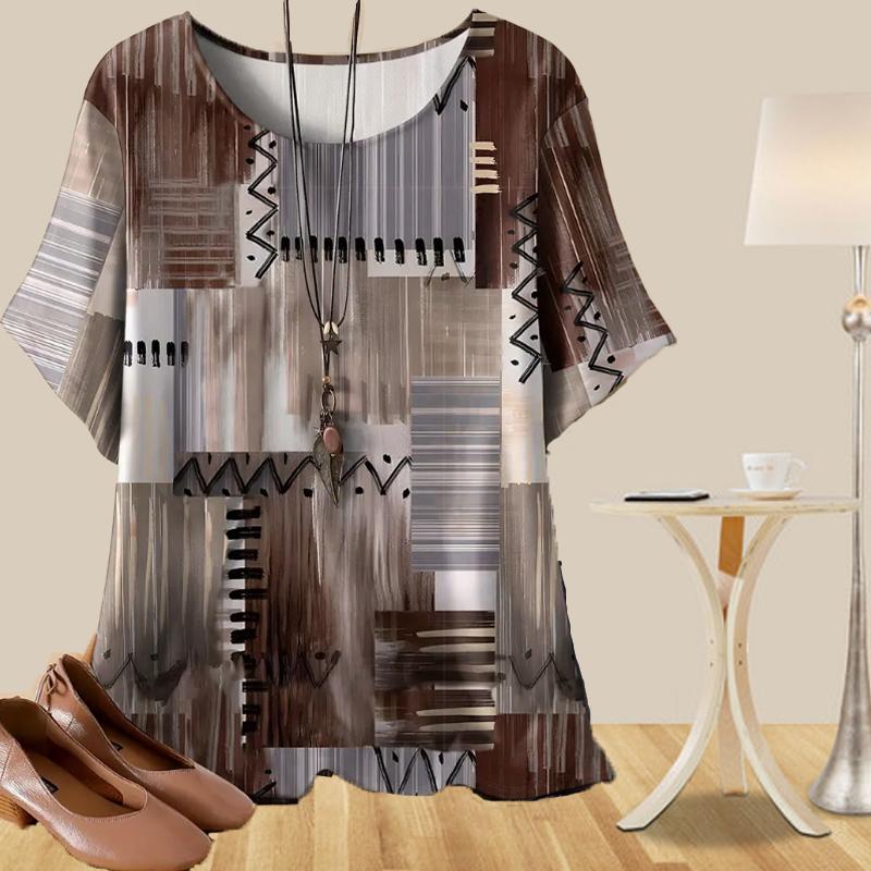 Women's Casual Loose Spring Shirt Women's Short Sleeve Grid Striped Peach Blossom Printed Tops