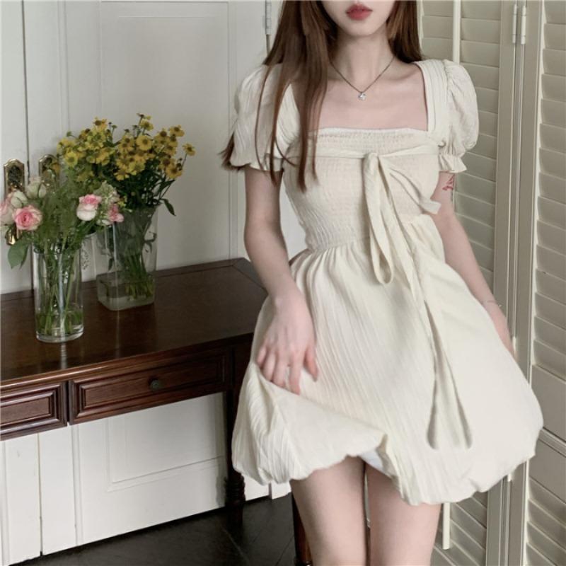 

Женское летнее платье-трапеция с завязками, утягивающее, с французским квадратным воротником, с завышенной талией XL абрикосовый