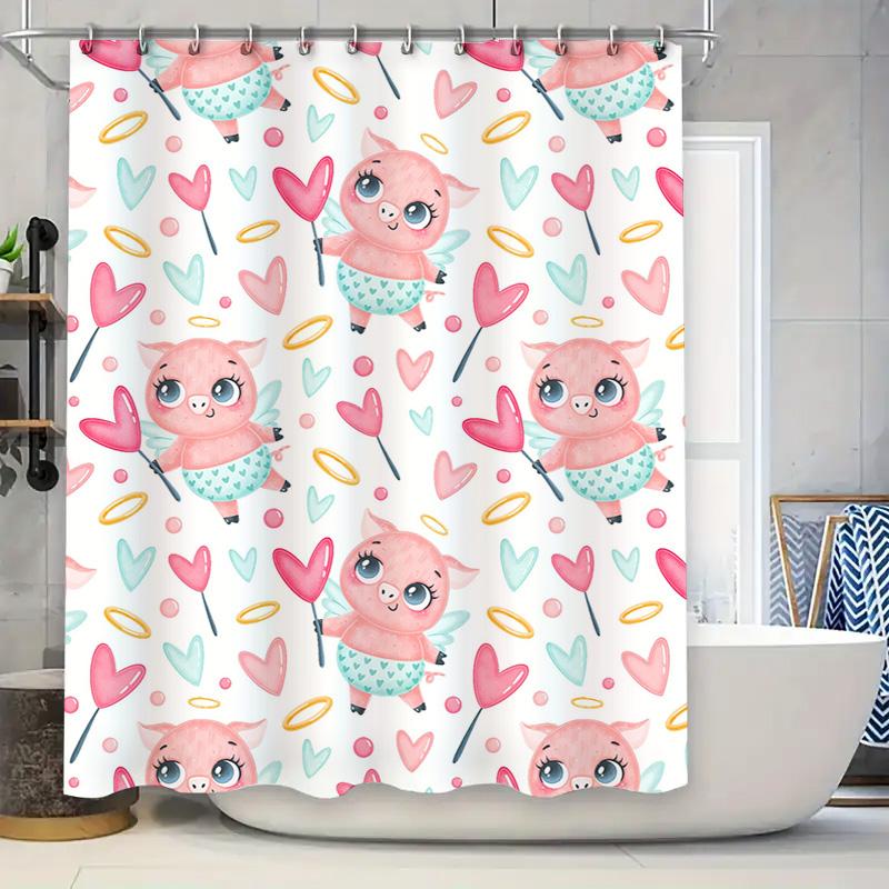 Elegant Pink Pig Print Shower Curtain Set For Bathroom Decor With Hooks Waterproof Fabric In White Pastel Colors