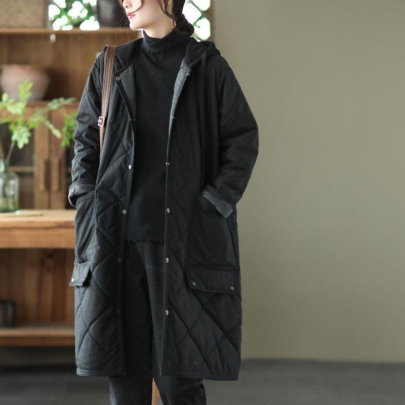 Plus Size Argyle Hooded Winter Coat: Mid-Length, Casual, Cotton-Padded for Women