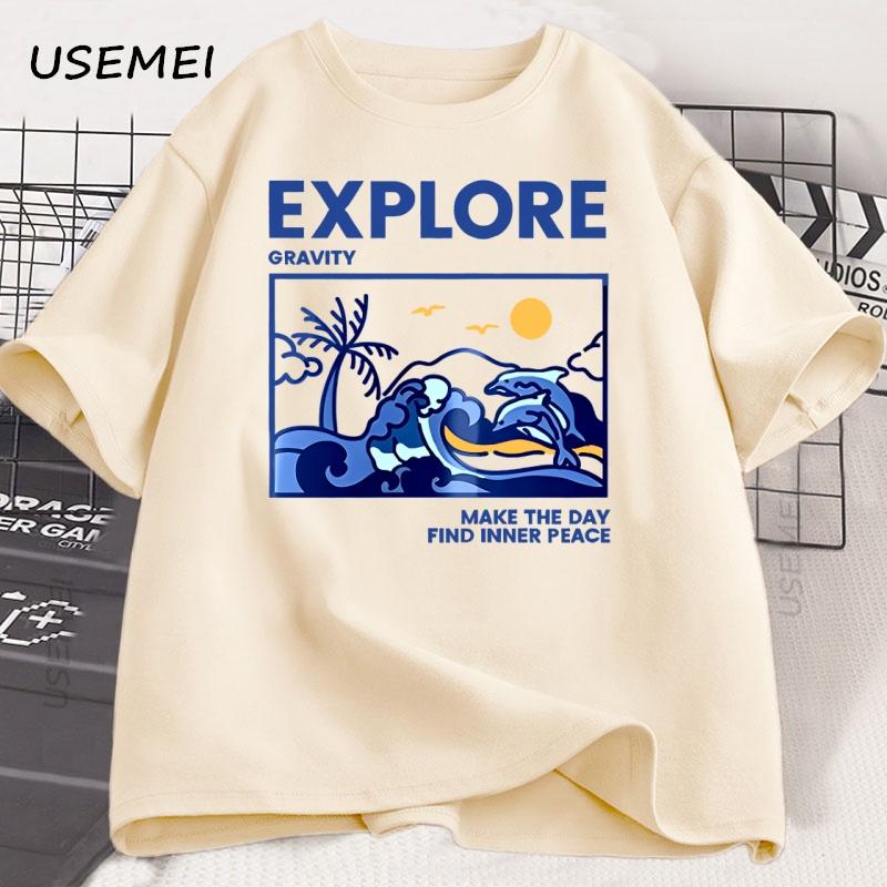 Men's Summer Explore Gravity T-shirt Cotton Fashionable Casual Loose T Shirt Pattern Printed Round Neck Short Sleeved T-shirts