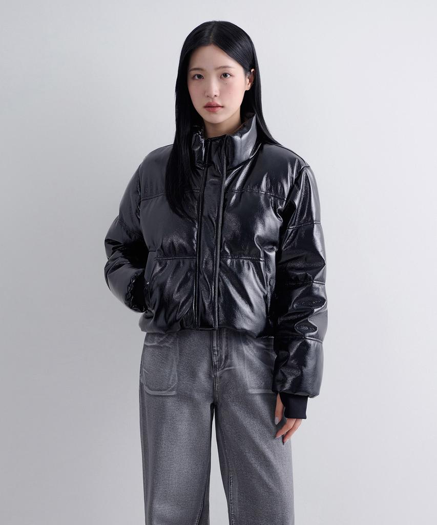 Musinsa Standard Woman Women'S Patent Synthetic Leather Puffer Short Padded Jacket [Black]