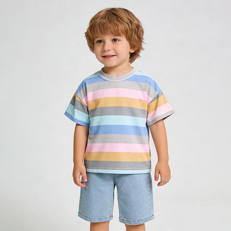 

Летний комплект для мальчиков с коротким рукавом 0-5 лет Детская полосатая футболка с принтом + повседневные джинсовые шорты комплект из двух предметов Высококачественная одежда Для мальчиков младенцев S синий