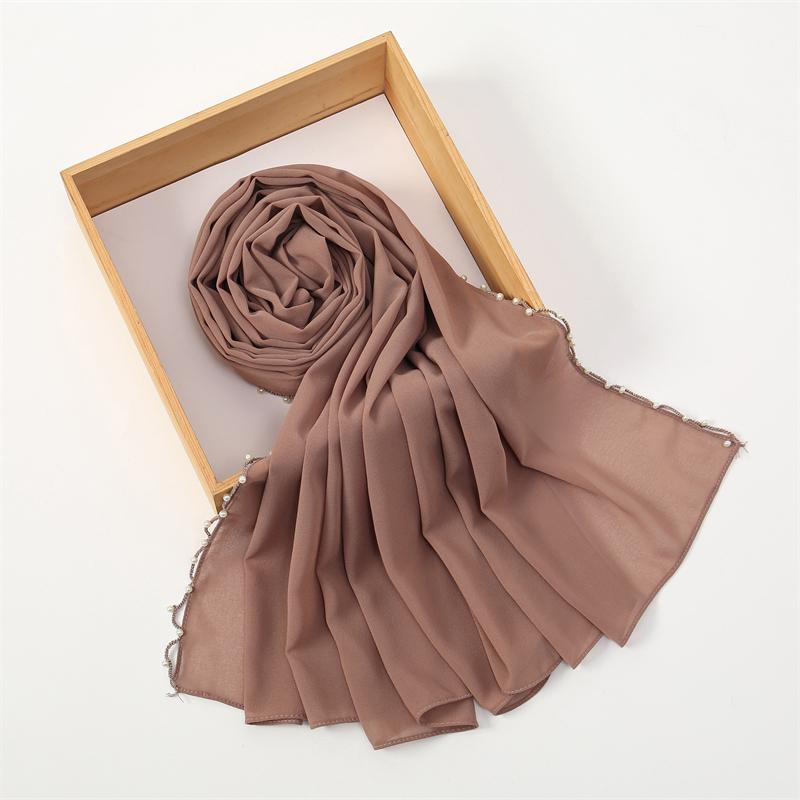 Muslim Chiffon Hijab Scarf Pearl Edge Solid Color Squane Head Wrap For Women Hijabs Scarves Jersey Hijabs Islamic Turban Headban