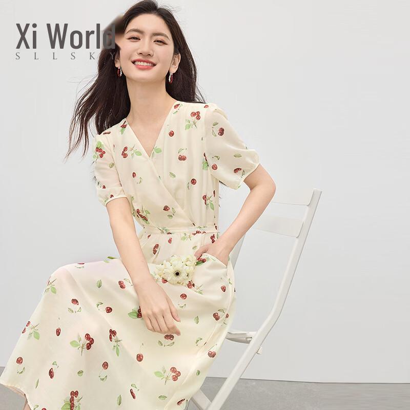 French Puff Sleeve Cherry Floral V-neck Dress L