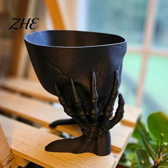Niche Gift for Goth Lovers 3D Printed Skull Planter with Skeleton Hand Stand, Gothic Succulents Pot, Unique Resin Craft Art Dark Style Decorative