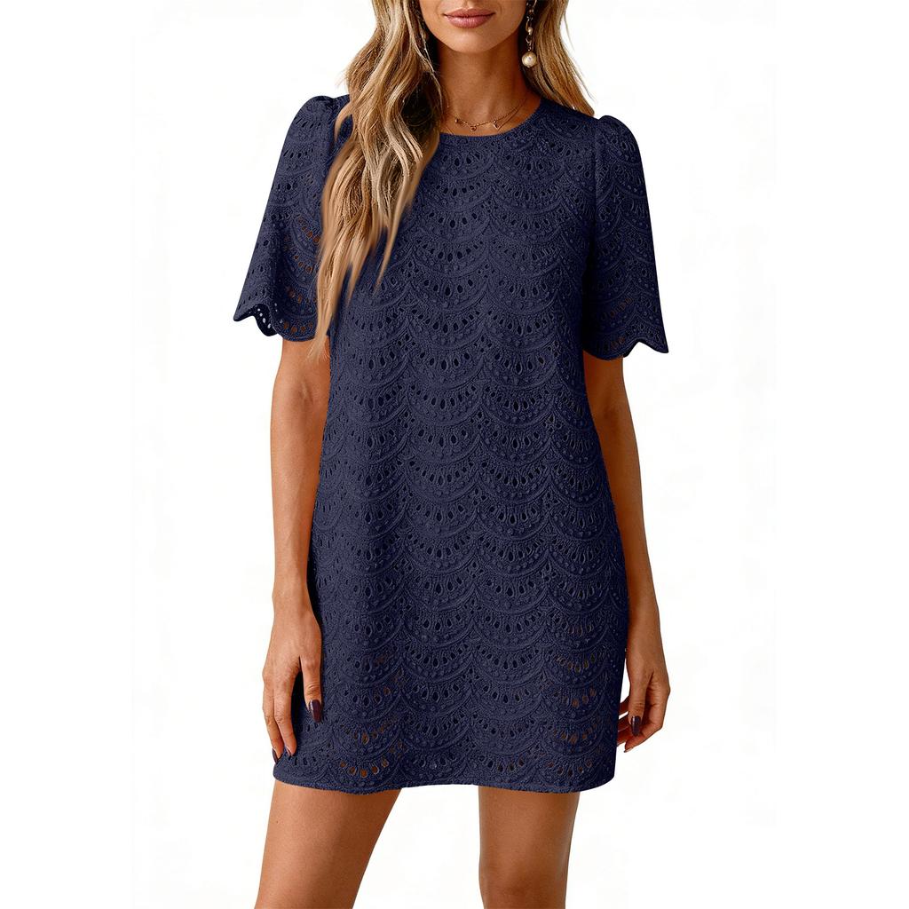 Summer Casual Short Dresses Embroidered Lace Short Sleeve Boho Dress Beach Vacation Clothes