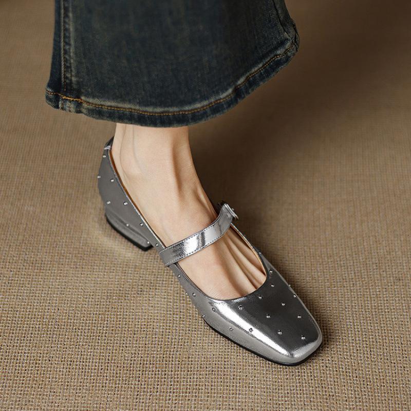 French Casual Women's Single Shoes Retro Mary Jane Shoes Spring and Summer New Versatile Light Mouth Leather Shoes Flat Heel Square Head Commuting