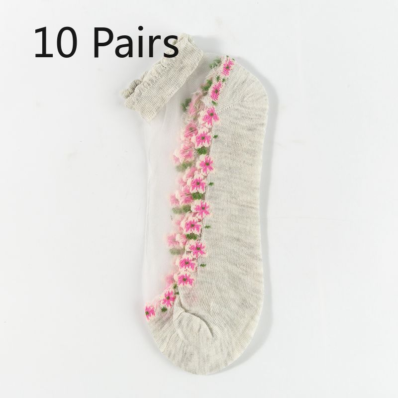 10 Pairs of Women's Thin Silk Stockings for Spring and Summer, Glass Lace Crystal Boat Socks, Cotton Socks, Breathable and Sweat-absorbent