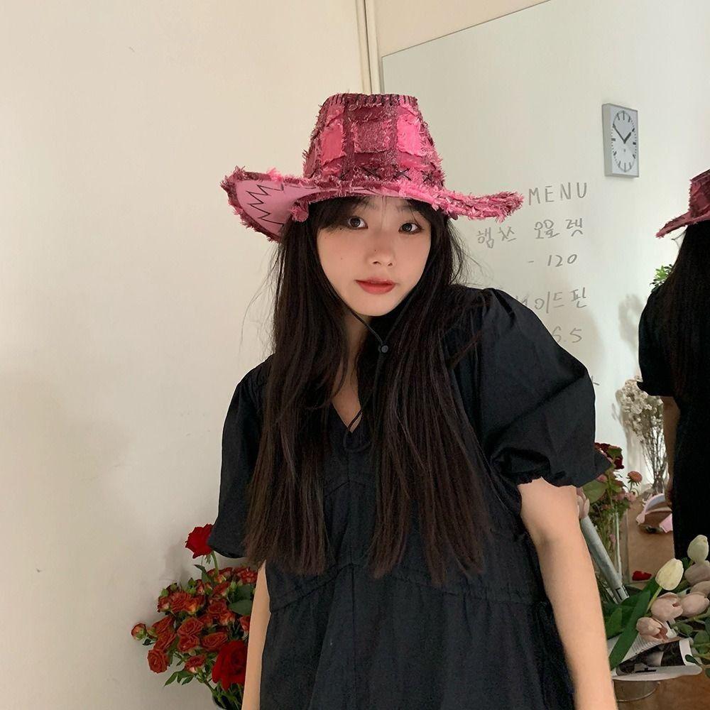 Adjustable Wide Brim Sun Hat Y2k Plaid Knight Hat Vintage Western Cowboy Hat for Male Female