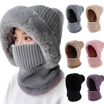 Winter Ladies Hat with Scarf Knitted Thick Plush-lined Windproof Pom-pom Hat Full