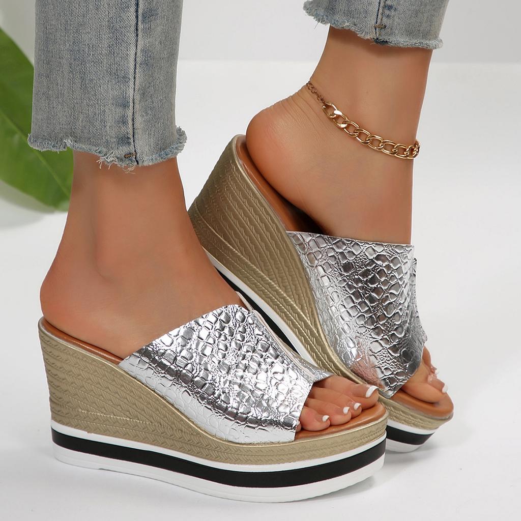 Thick-soled slope heel silver fish mouth one-word cool slippers women's 2025 summer light height increase big head office sandals