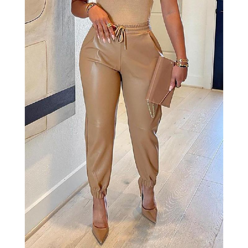 2026 Spring/Summer New Solid Color Drawstring Pocket PU Leather Casual Fashion Jogger Pants for Women