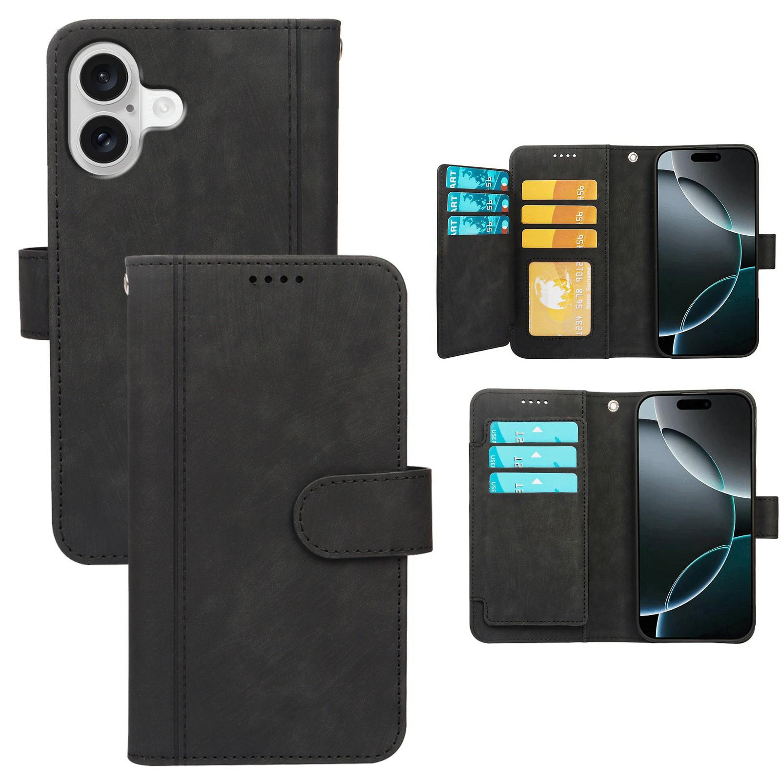 

For iPhone 17 Leather Case Line Pattern Wallet Phone Cover with 9 Card Slots Black
