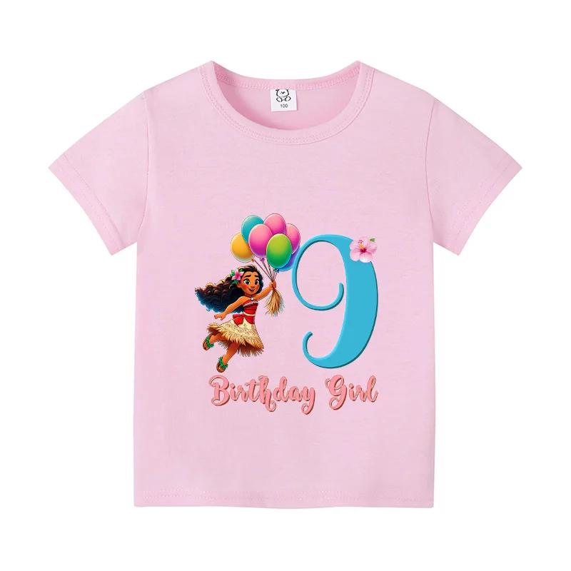 Moana 2 Cartoon Pattern Numbers Girls Cute T-shirts Kids Birthday Party Clothes 1-9 Print Child Tee Fashion Summer T Shirt Gifts