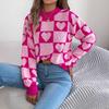 QICED Autumn and Winter Color-blocking Checkered Heart-shaped Lantern Sleeve Pullover Sweater for Valentine's Day Women's Wear