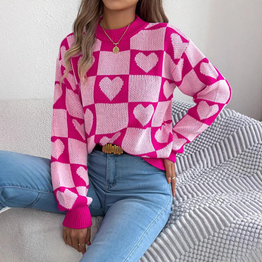 QICED Autumn and Winter Color-blocking Checkered Heart-shaped Lantern Sleeve Pullover Sweater for Valentine's Day Women's Wear