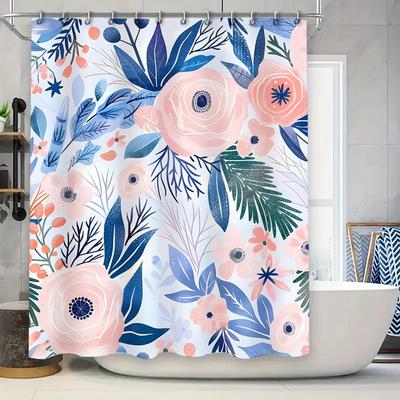 Schönes Blumen-Duschvorhang-Set mit blauen und rosa Blättern, perfekt für die Badezimmerdekoration