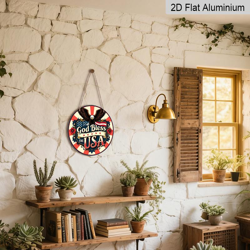 2D Flat, God Bless America Patriotic Metal Sign, Round Aluminum Wall Decor with American Flag Floral Design, Perfect for Independence Day, Veterans