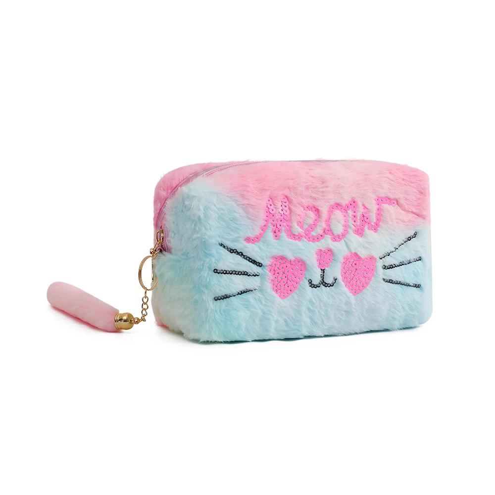 

New Sweet Sequins Cat Makeup Pouch Soft Rainbow Furry Travel Cosmetic Organizer Pouch Girls Small Bag Pencil Case Bag розовый