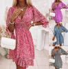 Sommer Mode Druck Strand Kurzes Kleid Damen V-Ausschnitt Kurzarm Kleid