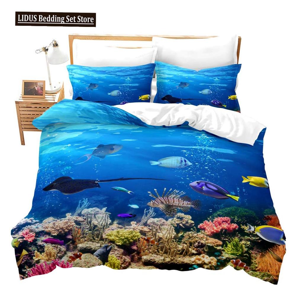Fisch Bettbezug Set Ozean Bettwäsche Sets 3D Gedruckte Unterwasserwelt Mit Hai Delfin Korallenriff Muster Bettdeckenbezug Set 2/3tlg