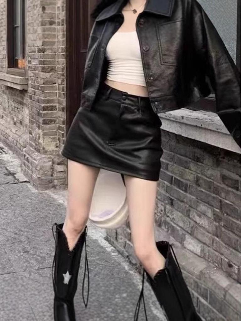 American Spicy Girl PU Leather High-Waisted A-Line Mini Skirt - Slimming, Sexy, Autumn/Winter Hip-Hugging Style for Women