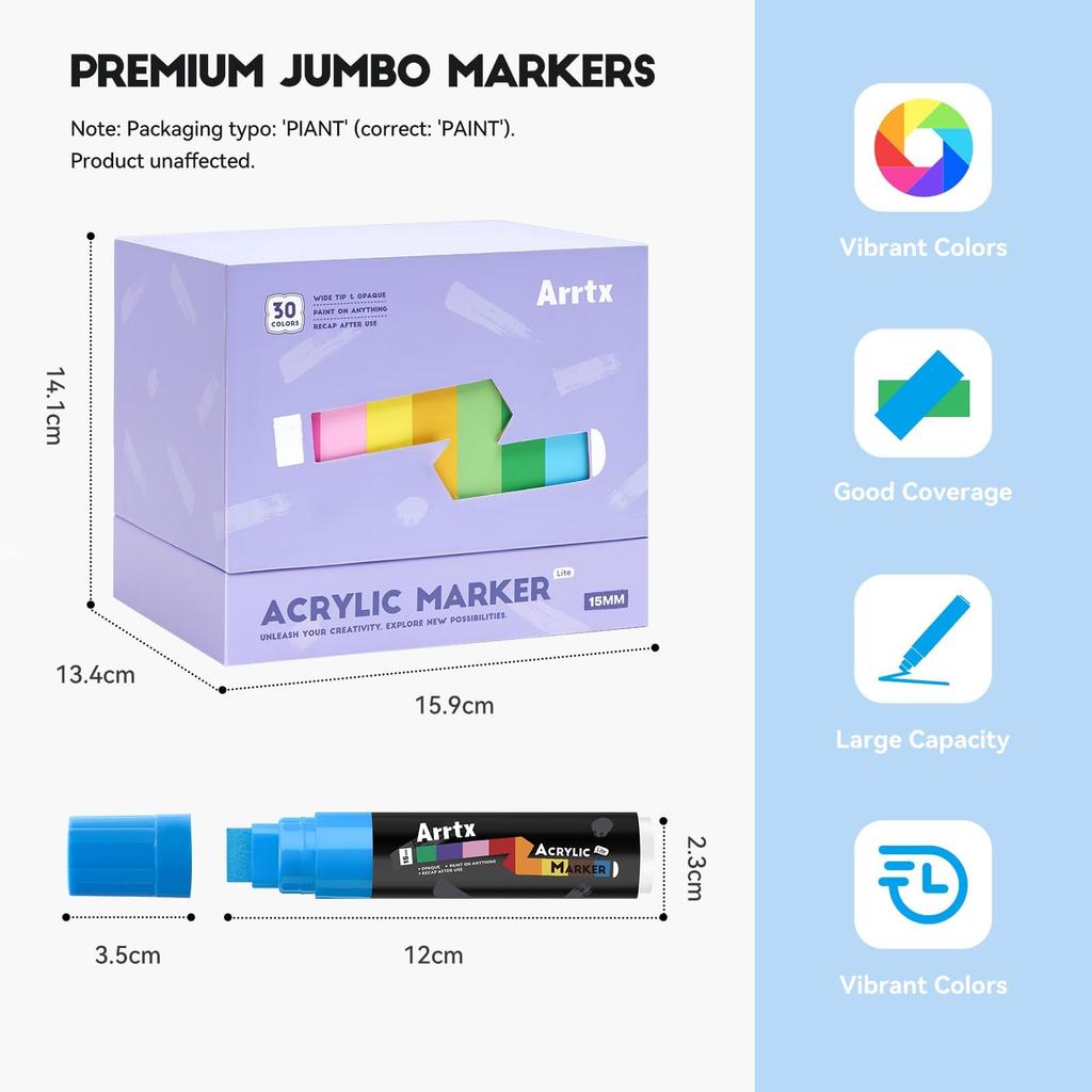 Arrtx Poster 30 15mm Wide Jumbo Acrylic Marker Permanent Paint Pens for Rock and Outdoor Painting Markers, Colors, Tip, Set, Waterproof, Painting,