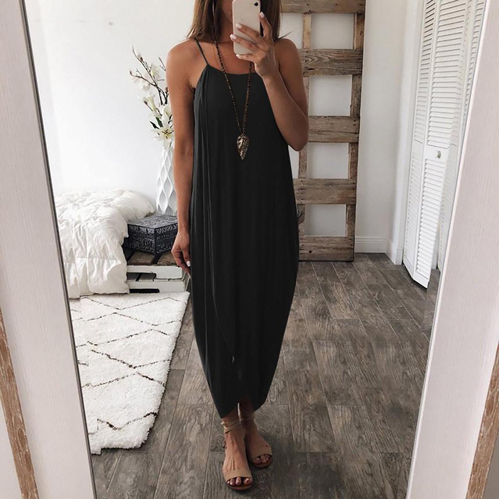 

Women s Summer Loose Casual Irregular Solid Color Sling Hip Long Dress XXXL чорний