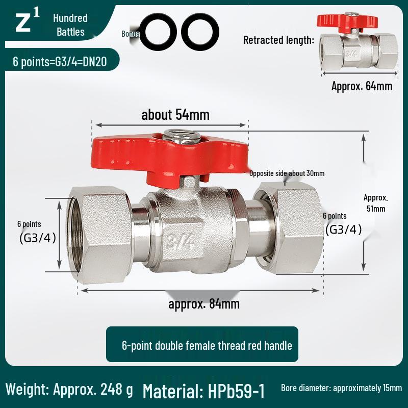 Full Copper Water Heater Union Ball Valve, Male/Female Thread, 6 to 4 Points Large Flow for Wall-Hung Boiler