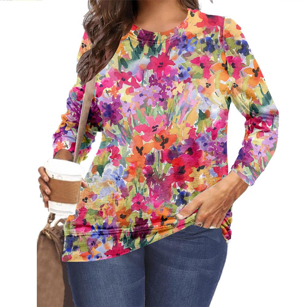 

Круглый вырез 3D цветной принтованный топ модные повседневные длинные рукава женские футболки M
