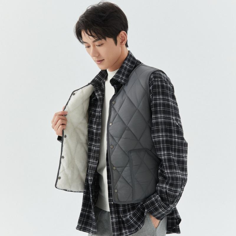 Men's Autumn and Winter Velvet Warm Medium and Green Vest Liner Pocket Men's Rhombus Short Snap Vest