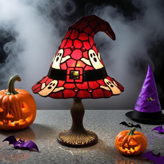 Witch Hat Lamp Stained Resin Gothic Wizard Hat LED Night Light Spooky Small Table Lamp for Indoor Bedroom Halloween Decor