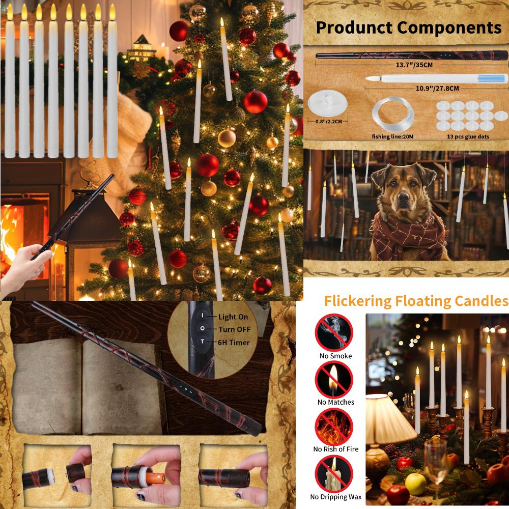 12/24Pack Christmas Floating Candles With Magic Wand Remote LED Flameless Hanging Taper Candle Flickering for Home Holiday Decor