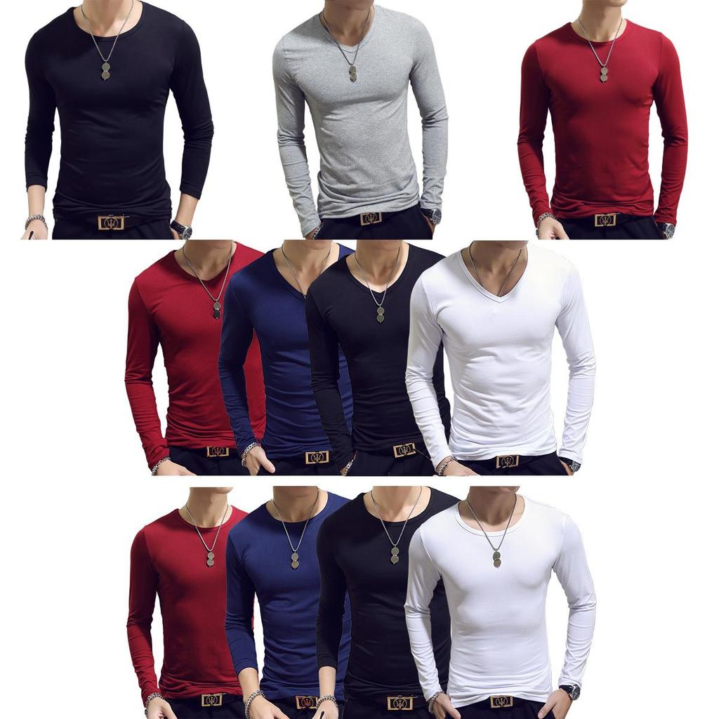 Elegant Solid Color Slim Fit Long-sleeved T-shirt For Men Fashionable And Comfortable