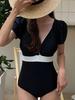 Korean Sexy Deep V Push-Up Short Sleeve One-Piece Swimsuit for Women, Tummy Concealing & Slimming Design