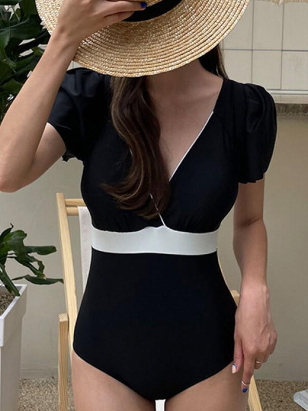 Korean Sexy Deep V Push-Up Short Sleeve One-Piece Swimsuit for Women, Tummy Concealing & Slimming Design