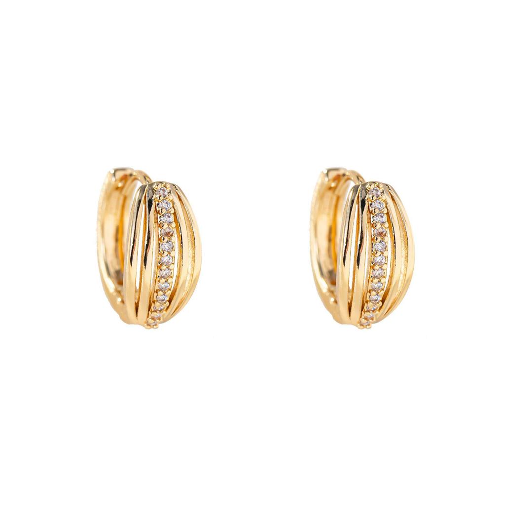 Classic Gold Plated Zircon Striped Hoop Earrings with Hollow Design