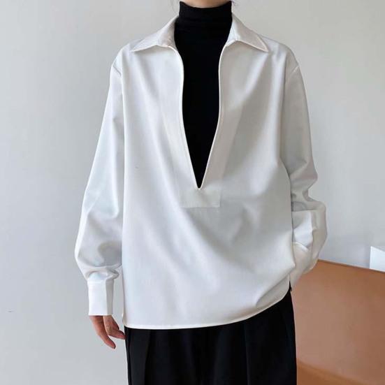 Цветная теплая свободная блузка большого размера с воротником и глубоким однотонным — фото 8