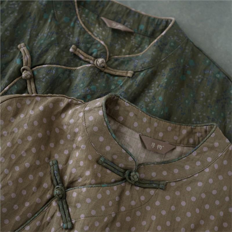 Johnature Women Chinese Style Polka Dot Shirts Stand Shirts Sleeveless Tops Summer Button Vintage Women Shirts